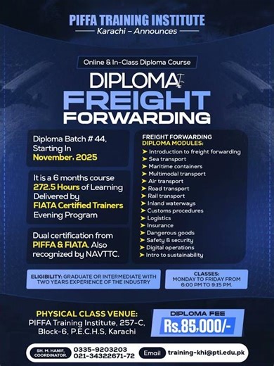 Build a global-standard logistics career with PIFFA’s certified Diploma in Freight Forwarding.