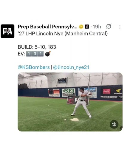 Lincoln Nye, '27 class. EV 101 mph. Keystone State Bombers. #baseball #ksbombers #youthbaseball