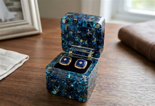 Earring Storage Box, Blue Flower Resin Ring Box, Celestial Jewelry Case, Personalized Cufflink Holder for Him - Etsy