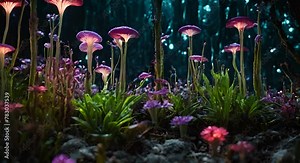A bioluminescent alien crystal forest with flowers, bioluminescent carnivorous plants, AI Generative