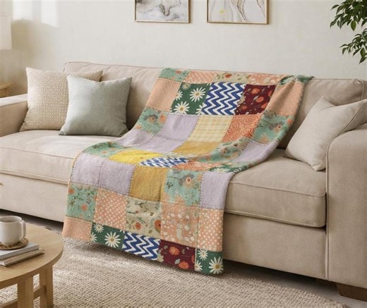 Patchwork Quilt Fleece Blanket, Cozy Minky Throw Blanket, Cottagecore Floral Quilt Design Blanket, Soft Bed or Sofa Throw, Gift for Her - Etsy