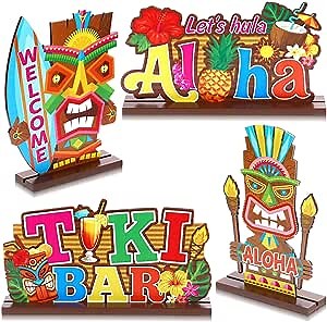 4 Pcs Tiki Bar Table Sign Luau Party Signs Decorations Centerpieces Aloha Signage Hawaiian Party Wooden Sign Summer Tropical Colorful Farmhouse Table Sign for Housewarming Welcome Party (Classic)