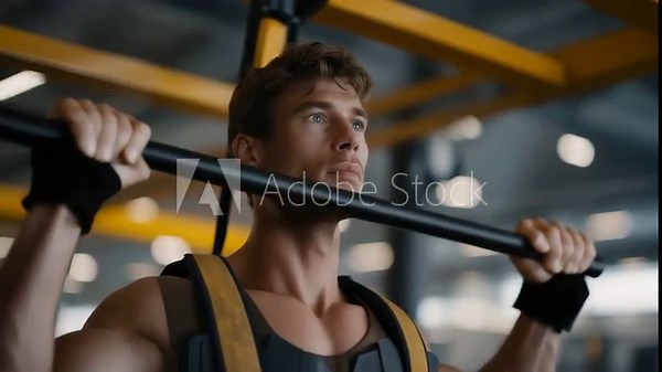 Worker wearing AI-enhanced exoskeleton lifting heavy equipment in factory, emotion of strength visible, representing industrial safety innovation, human-robot collaboration, and ergonomic support