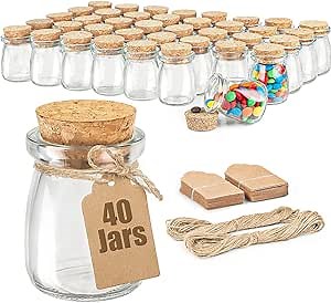 40 Pack Glass Favor Jars with Cork Lid, 3.4 oz Small Glass Bottles for Wedding Favor, Baby Shower, Party Favor, Gift Jars for Candy, Bonus Twine and Labels
