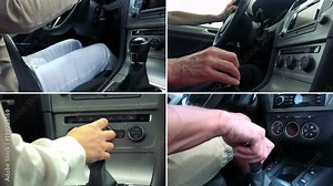 4K compilation (montage) - four people drive a car - closeup on the hand on the gearshift