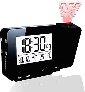 ALLOMN Projection Alarm Clock, USB Charging Dual Alarms Clock with Snooze Function Projection Adjustable Large LCD Display Shows Temperature Humidity Monitor for Bedroom Heavy Sleepers (Black)