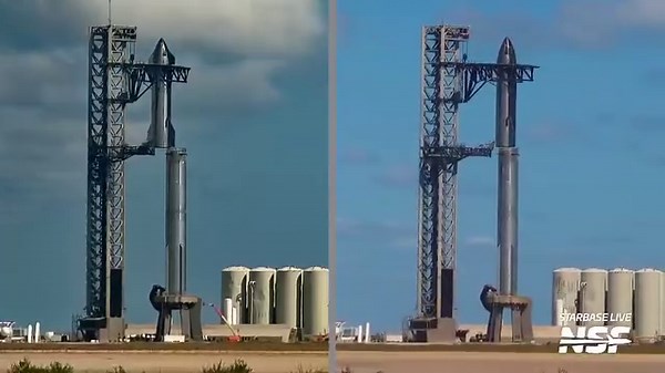 A side by side comparison of the September 27 and October 16th stacking of Starship S25 on top of Booster B9, showing the updates to the stacking procedures to make the process more seamless | NASASpaceflight.com