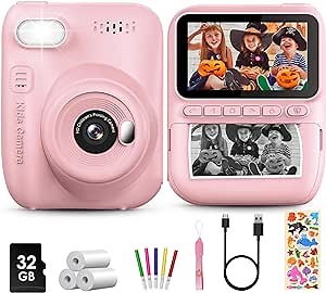 Kids Instant Print Camera, 3.0-inch HD Screen 32MP Photo Instant Digital Camera Christmas Birthday Gifts Toys for Children Girls Boys Age 3-12 - Pink