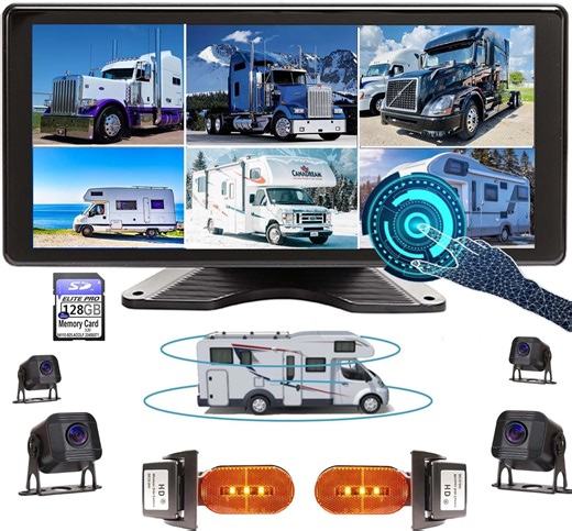 Light Sensor 10.36-Inch 6 Split Touchable 128GB Large Audio 1080P Backup Camera Monitor & Built-in DVR Video Recorder for RV Truck Trailer Rear Side Front Reversing View Wired System Waterproof DCD106
