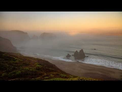 Foggy Sunrise Walk on Sandy Beach and Cliffs | California Coast 4K