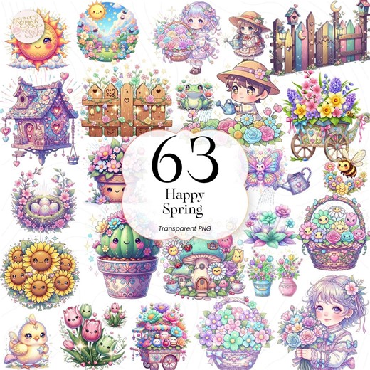 Watercolor Spring Clipart PNG, Happy Spring Flowers & Animals, Cottagecore Floral Graphics for Sublimation - Planner Stickers SP2601 - Etsy
