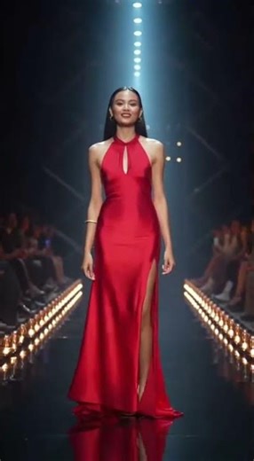 Asian model walking alone on a glossy runway