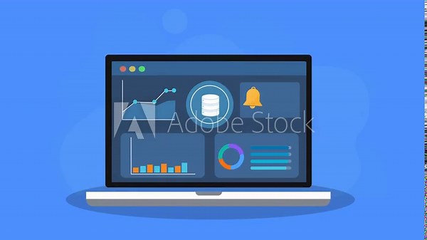 Animated laptop displaying data analytics dashboard with charts, graphs, profile panel, and notification bell icon. Concept of business monitoring, digital analytics, alert system, and performance tra