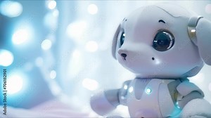 Closeup of a robotic stuffed animal equipped with AI technology designed to comfort and stimulate a childs development.