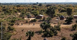 Flying around beautiful Zambia village and kids playing