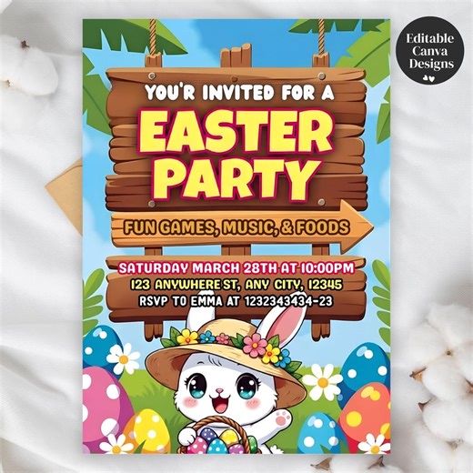 Easter Party Invitation Template, Editable Easter Bunny Invite, Printable Canva Template for Spring Celebration, PDF Download - Etsy
