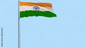 Isolate flag of India on a flagpole fluttering in the wind on a transparent background, 3d rendering, PNG format with Alpha channel transparency