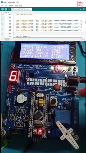 Memprogram STM32 F103C8T6 menampilkan pada LCD 4x20 data monitoring posisi motor servo, ADC VR, LED