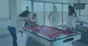 Playing pool, people with financial data processing animation overlay in background. Billiards, analytics, teamwork, finance, technology, gaming