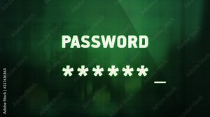 Abstract background with animation of entering password on computer screen with reflection from window. Animation of seamless loop.