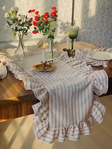 Beige Striped Linen Table Runner With Ruffle: Vintage Stonewashed Decor - Etsy