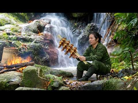 Foraging for food in the wild, cooking by the stream - Survival skills in the deep forest
