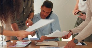 Chaos, stress and business man with headache from multitasking, overwhelmed and burnout in office. Anxiety, pressure and male with compliance problem, audit and review by team, documents and fail