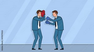 Flat cartoon business people man characters boxing fight standoff rivalry concept animation