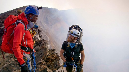 Prof Chris Jackson and former Royal Marine, Aldo Kane start the descent into crater of Nyiragongo.