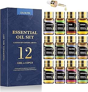 Essential Oils by SACATR Natural Essential Oil Set -12 Essential Oils Gift Set for Diffuser, Massage, Fragrance Oil Scent for DIY Candle and Soap Making (12 * 5ML)