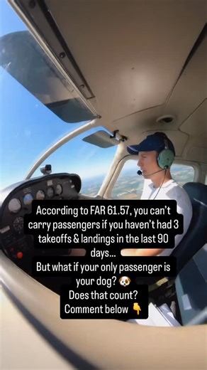 We all know the 90-day passenger currency rule under FAR 61.57 — 3 takeoffs and landings within the preceding 90 days before you can legally carry passengers. But here’s a fun one for debate: if you bring your dog along for the ride… is he really considered a passenger under the regulation? 🐕 Would love to hear your thoughts below — how would YOU interpret this? Drop a comment ⬇️ #aviation #pilotlife #far6157 #studentpilot #aviationtraining #dogsofinstagram #aviationlife #airplane #flyingdog #g