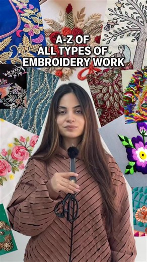 Chahat | Fashion Design & Education on Instagram: "ALL TYPES OF EMBROIDERY WORKS🪡🧶 Zardosi: Rich metallic embroidery using gold or silver threads, traditionally seen in royal Indian garments. French knot: Small raised knots created by twisting thread around the needle for textured detailing. Kantha: Running stitch embroidery from Bengal that forms rippling patterns using layers of fabric. Beadwork: Decorative embroidery where beads are stitched onto fabric for texture and sparkle. Couching: A 