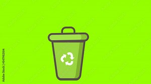 Opening dustbin trash with recycle logo on green screen background. falling Waste into the Trash tank container. Rubbish garbage recycle safe environment.