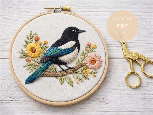 Magpie Bird Embroidery Pattern PDF, Floral Bird Hoop Art, Hand Embroidery Design - Etsy