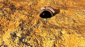 Metallic helmet of an astronaut on the sand. Lighted item. Computer generated space backdrop, 3D rendering
