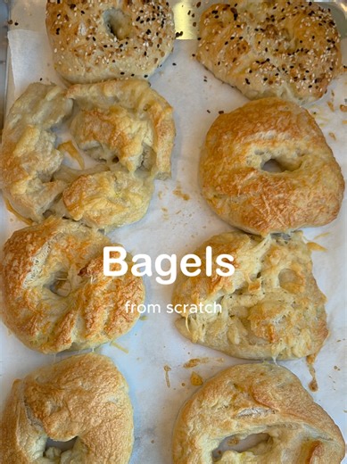 I love nothing more than a good BAGEL! 🥯 Ingredients: 1 1/2 cups warm water (110° F) 2 1/4 tsp active dry yeast (1 packet) 1 tbsp sugar 4 cups flour 2 tsp salt Water bath: Large pot of water 1 tbsp sugar 1 tsp baking soda Toppings Everything seasoning Asiago cheese Egg wash In a bowl, mix warm water and sugar and sprinkle yeast on top, let sit 5 to 10 minutes until foamy. Add flour and salt, mix until dough forms. Knead 8-10 minutes until smooth and elastic.Place dough in a lightly oiled bowl, 