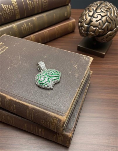 Green Enamel Brain Pendant, Lab Diamond, 14K White Gold Plated - Etsy