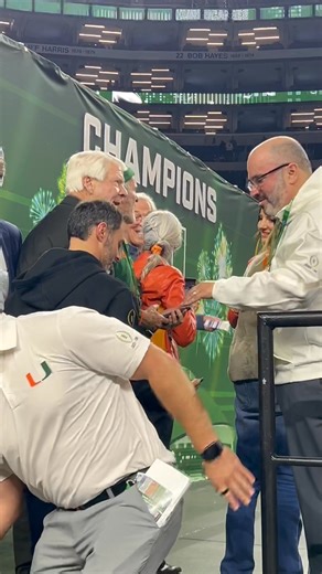 Very cool: Miami welcomes #DallasCowboys legendary coach Jimmy Johnson on the stage as it celebrates its Cotton Bowl win over Ohio State…￼ #CFBPlayoff #dallas #collegefootball | Pat Doney NBC 5