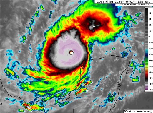 Incredible satellite on weathernerds.org of Milton currently. Lightning in the center is intense. Signs of maybe even more strengthening. Currently 180mph. 905mb. Monster! www.spaghettimodels.com | Mike's Weather Page