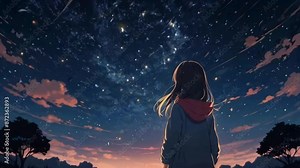 Anime Girl Looking Up at Night Sky with Stars and Clouds