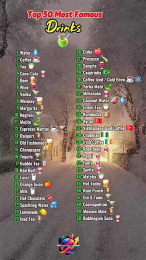 🥤🌍 Top 50 Most Famous Drinks in the World (2025) ​Discover the definitive ranking of the most iconic and consumed beverages on the planet! From morning caffeine essentials to legendary evening cocktails and global soda giants, see which drinks define our world culture in 2025. ☕🍹🥂 ​What you'll see in this video: ​The 50 Most Famous Drinks and Beverages. 🥤 ​Global favorites including spirits, juices, and traditional specialties. 🌍 ​The most popular choices for hydration, energy, and social