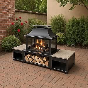 Rimasco 80-Inch Metal Wood Burner Fireplace with Side Storage Tables - Wood Burning Fire Pit for Home - Smokeless Patio Fire Pit - Outdoor