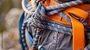 The safety and precision of a figure8 knot tied on a climbers harness ready for their ascent.