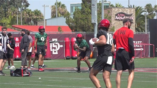 SDSU Aztecs football players compete for positions during summer drills