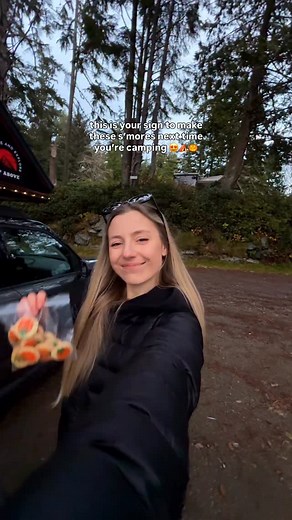 You HAVE to try these s’mores next time you’re camping 😍⛺️ we just spent a couple days in Tofino camping beside the ocean for Jake’s birthday, we brought SO much good food & have been wanting to try these fun festive Pillsbury pumpkin cookie s’mores since Fall started 🤭🎃🍂 send this to someone who needs to try this!! 😍 | yakeandmarie