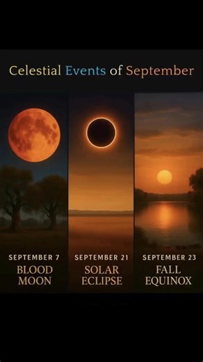 🌕✨ Celestial Events of September 2025 ✨🌑☀️ This September brings us a trio of spectacular sky events that you won’t want to miss! 📅 September 7 – Blood Moon (Total Lunar Eclipse) The Moon will pass through Earth’s shadow, glowing a deep copper-red. Visible across much of the world, this dramatic “Blood Moon” will light up the night sky for over an hour. 📅 September 21 – Solar Eclipse A breathtaking solar eclipse will occur as the Moon perfectly aligns with the Sun. Depending on your location