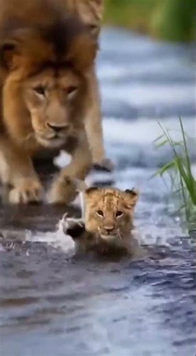 Baby Lion Learns to Swim With Mom and Dad Cheering Behind!🦁💛 #lionfamily #lioncub #wildlife