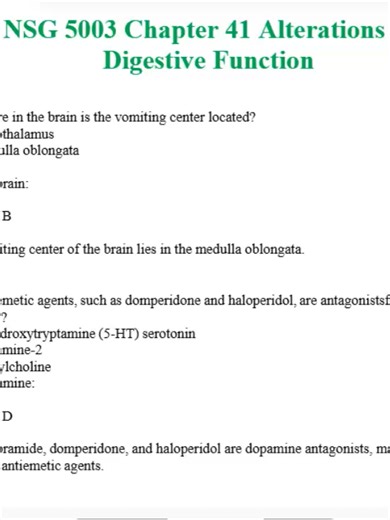 NSG 5003 Chapter 41 Alterations of Digestive Function Complete & Verified Study Material | 12 Pages High-Yield Advanced Nursing Review Strengthen your understanding of gastrointestinal disorders with this complete and verified NSG 5003 Chapter 41 study material focused on alterations of digestive function. This concise 12-page high-yield resource simplifies complex GI concepts, covering digestive system physiology, common and advanced gastrointestinal conditions, clinical manifestations, diagnos