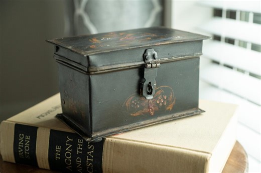 Vintage Painted Metal Box, Toleware Style Trinket Box, Rustic Floral Storage Box, Primitive Decor - Etsy