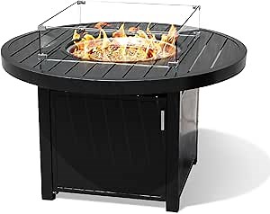 42-Inch Round Propane Gas Fire Pit Table: 50,000 BTU Aluminum Slat Top w/Lid, Stainless Steel Burner, Windguard, 8KG Glass Beads, 300D PVC Cover, CSA-Listed